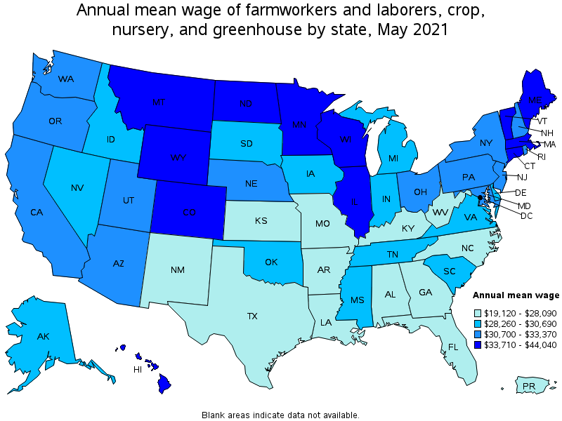 Map of annual mean wages of farmworkers and laborers, crop, nursery, and greenhouse by state, May 2021