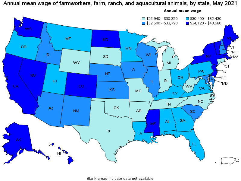 Map of annual mean wages of farmworkers, farm, ranch, and aquacultural animals by state, May 2021