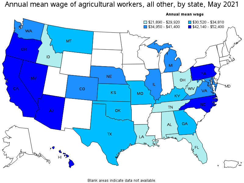 Map of annual mean wages of agricultural workers, all other by state, May 2021