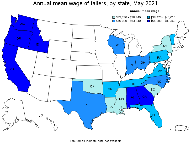 Map of annual mean wages of fallers by state, May 2021