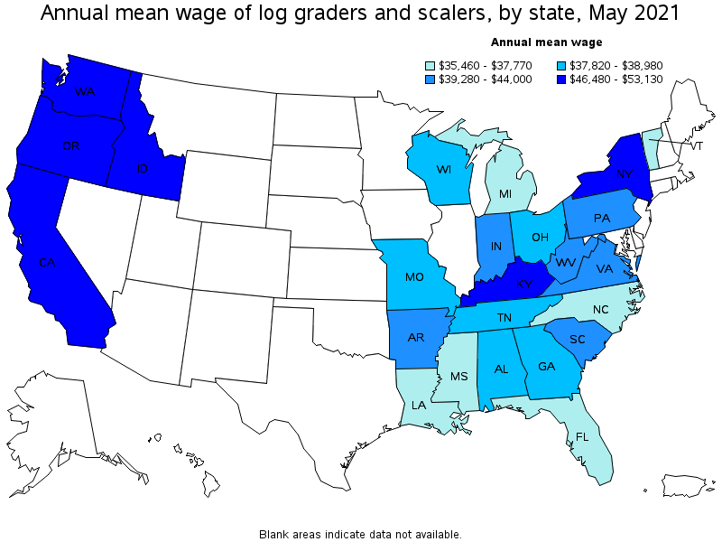 Map of annual mean wages of log graders and scalers by state, May 2021