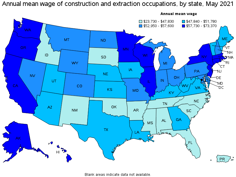 Map of annual mean wages of construction and extraction occupations by state, May 2021