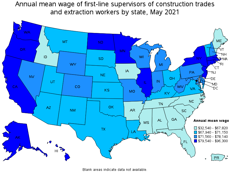 Map of annual mean wages of first-line supervisors of construction trades and extraction workers by state, May 2021