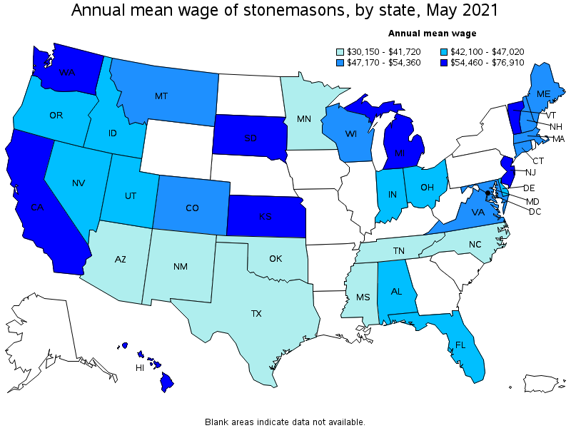 Map of annual mean wages of stonemasons by state, May 2021