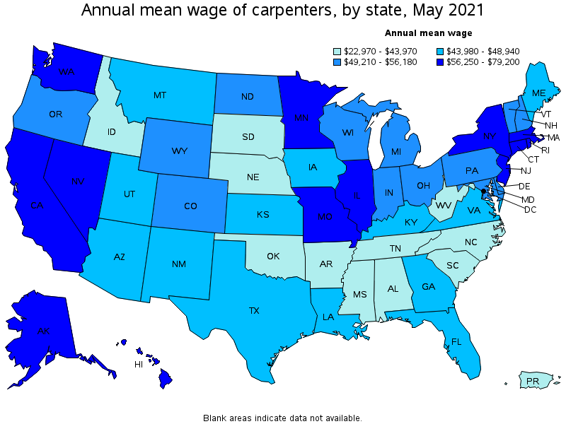 Map of annual mean wages of carpenters by state, May 2021