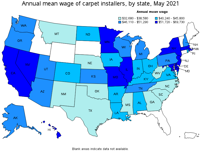 Map of annual mean wages of carpet installers by state, May 2021