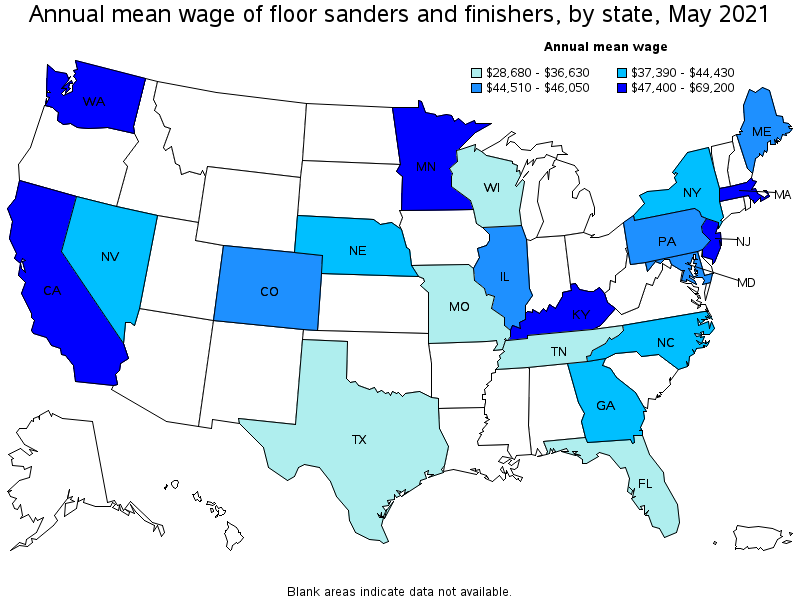Map of annual mean wages of floor sanders and finishers by state, May 2021
