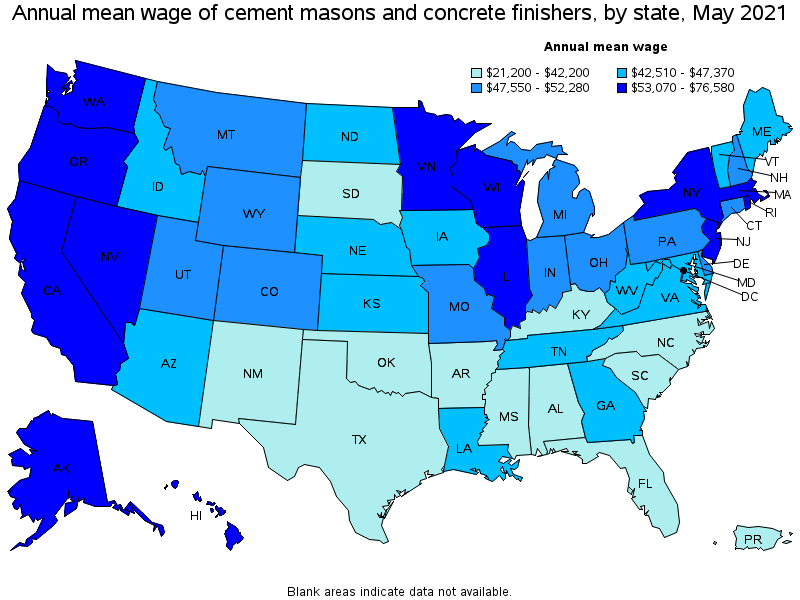 Map of annual mean wages of cement masons and concrete finishers by state, May 2021