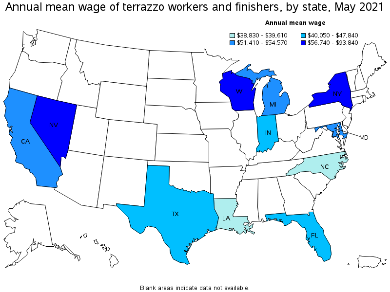 Map of annual mean wages of terrazzo workers and finishers by state, May 2021