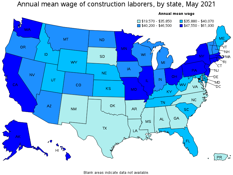 Map of annual mean wages of construction laborers by state, May 2021