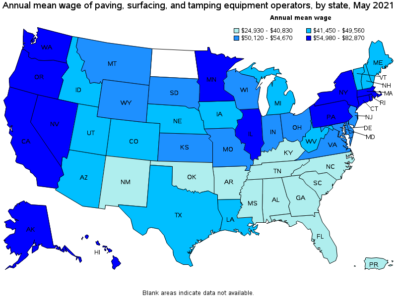 Map of annual mean wages of paving, surfacing, and tamping equipment operators by state, May 2021