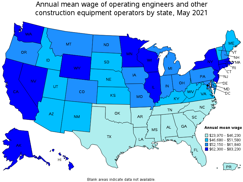 Map of annual mean wages of operating engineers and other construction equipment operators by state, May 2021