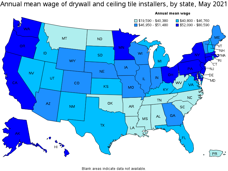 Map of annual mean wages of drywall and ceiling tile installers by state, May 2021