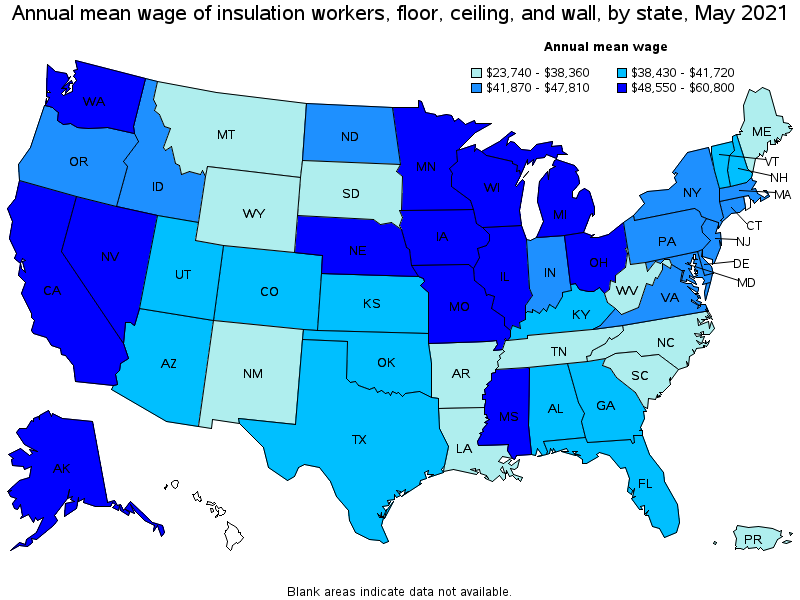 Map of annual mean wages of insulation workers, floor, ceiling, and wall by state, May 2021