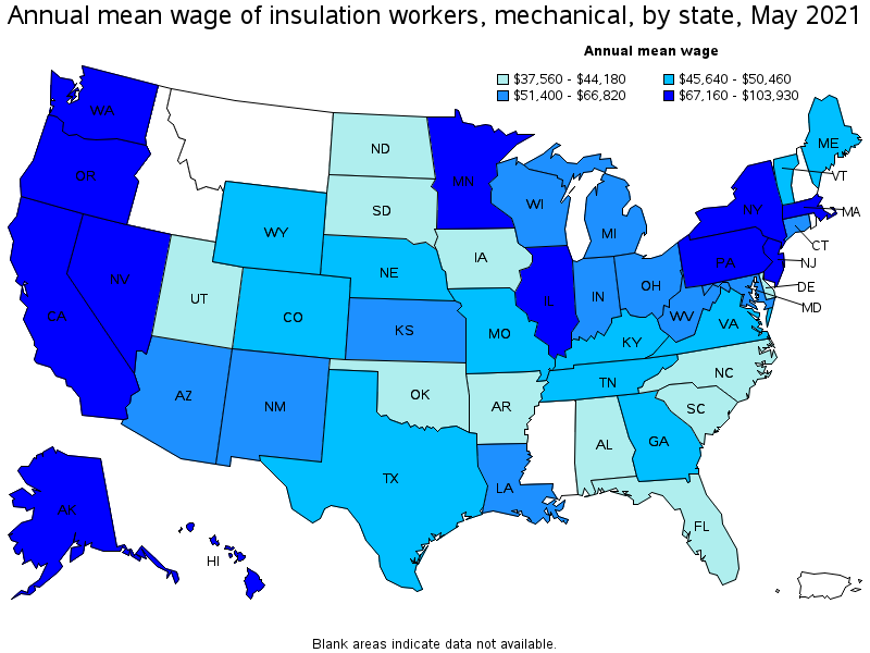 Map of annual mean wages of insulation workers, mechanical by state, May 2021