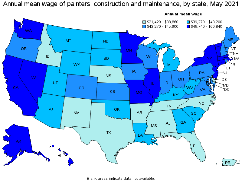 Map of annual mean wages of painters, construction and maintenance by state, May 2021