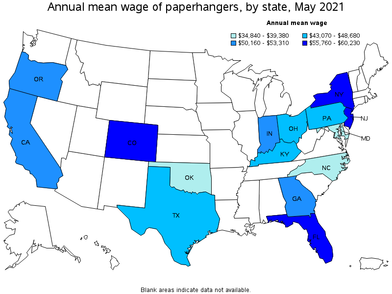 Map of annual mean wages of paperhangers by state, May 2021