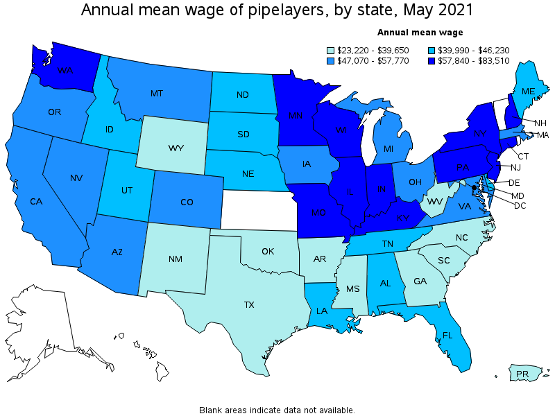 Map of annual mean wages of pipelayers by state, May 2021