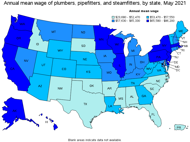 Map of annual mean wages of plumbers, pipefitters, and steamfitters by state, May 2021