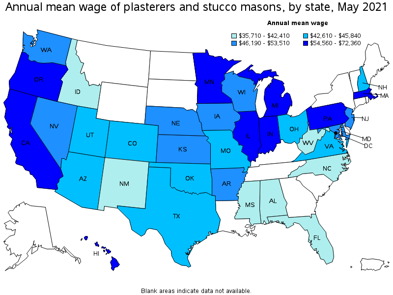 Map of annual mean wages of plasterers and stucco masons by state, May 2021