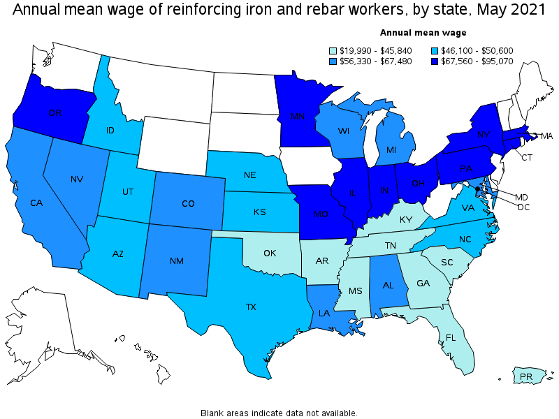 Map of annual mean wages of reinforcing iron and rebar workers by state, May 2021