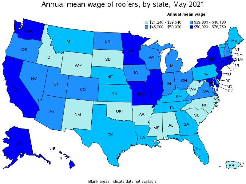 Map of annual mean wages of roofers by state, May 2021