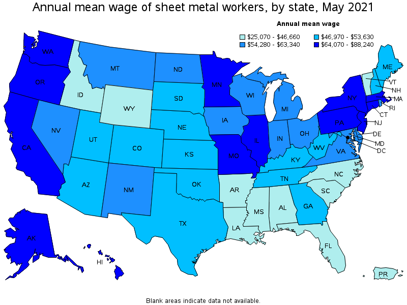 Map of annual mean wages of sheet metal workers by state, May 2021