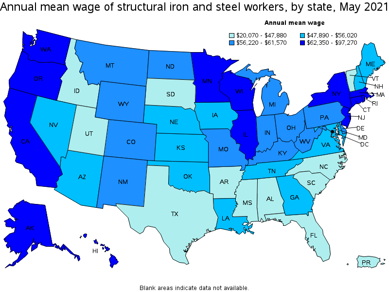 Map of annual mean wages of structural iron and steel workers by state, May 2021