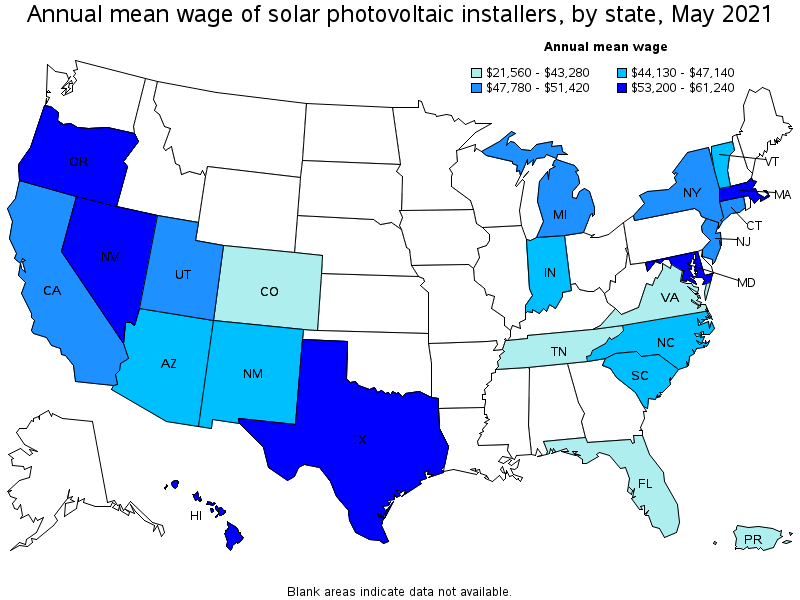 Map of annual mean wages of solar photovoltaic installers by state, May 2021