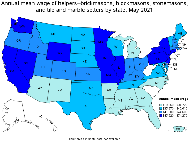 Map of annual mean wages of helpers--brickmasons, blockmasons, stonemasons, and tile and marble setters by state, May 2021
