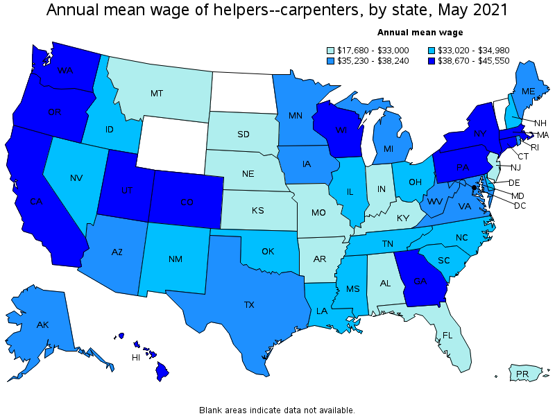 Map of annual mean wages of helpers--carpenters by state, May 2021