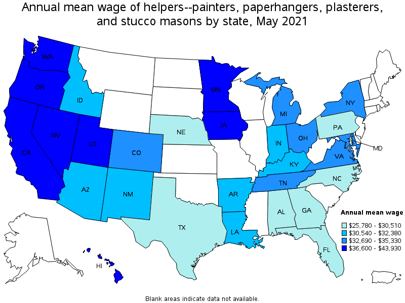 Map of annual mean wages of helpers--painters, paperhangers, plasterers, and stucco masons by state, May 2021