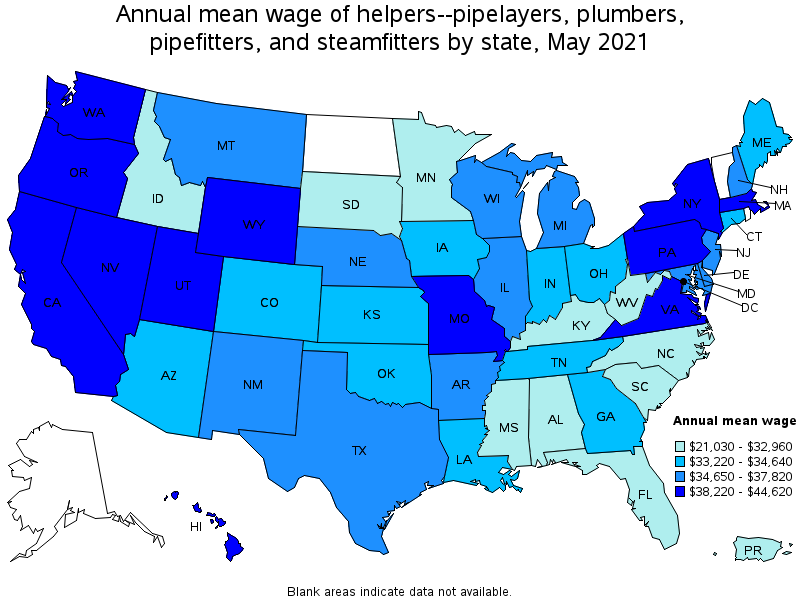 Map of annual mean wages of helpers--pipelayers, plumbers, pipefitters, and steamfitters by state, May 2021