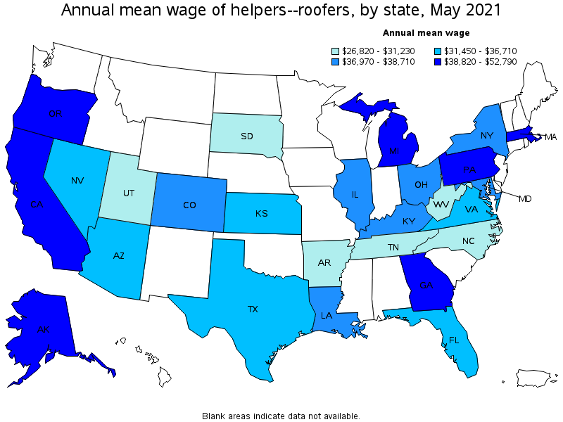 Map of annual mean wages of helpers--roofers by state, May 2021