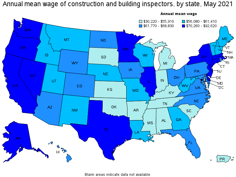 Map of annual mean wages of construction and building inspectors by state, May 2021