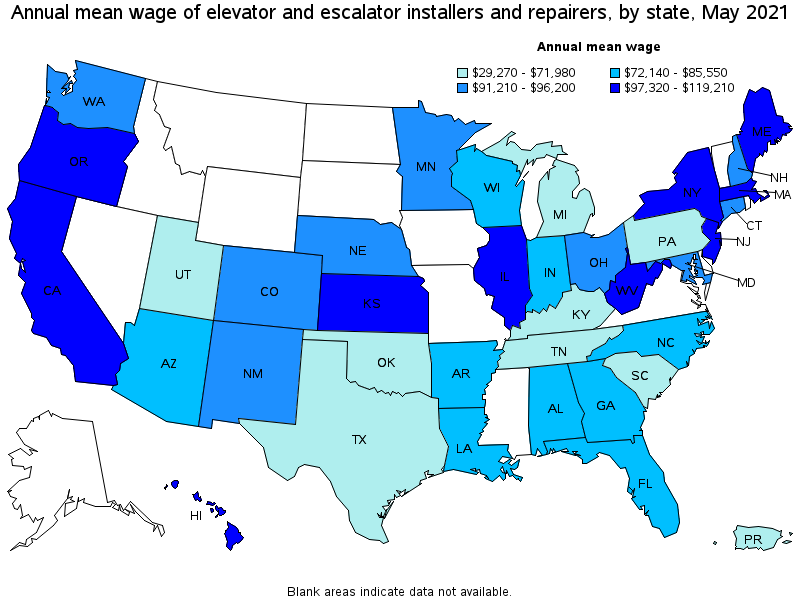 Map of annual mean wages of elevator and escalator installers and repairers by state, May 2021