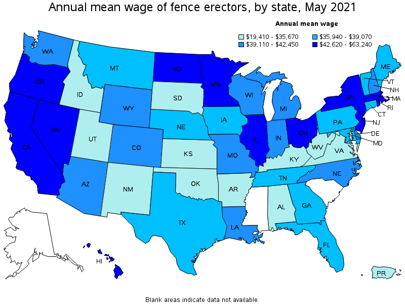 Map of annual mean wages of fence erectors by state, May 2021