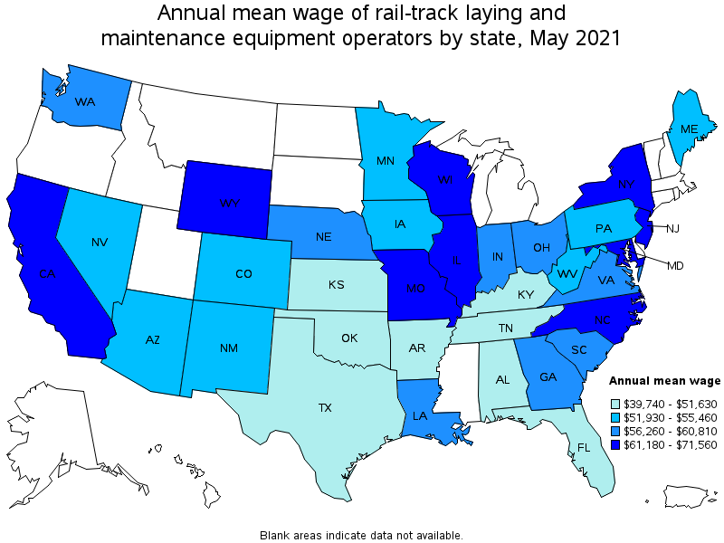 Map of annual mean wages of rail-track laying and maintenance equipment operators by state, May 2021