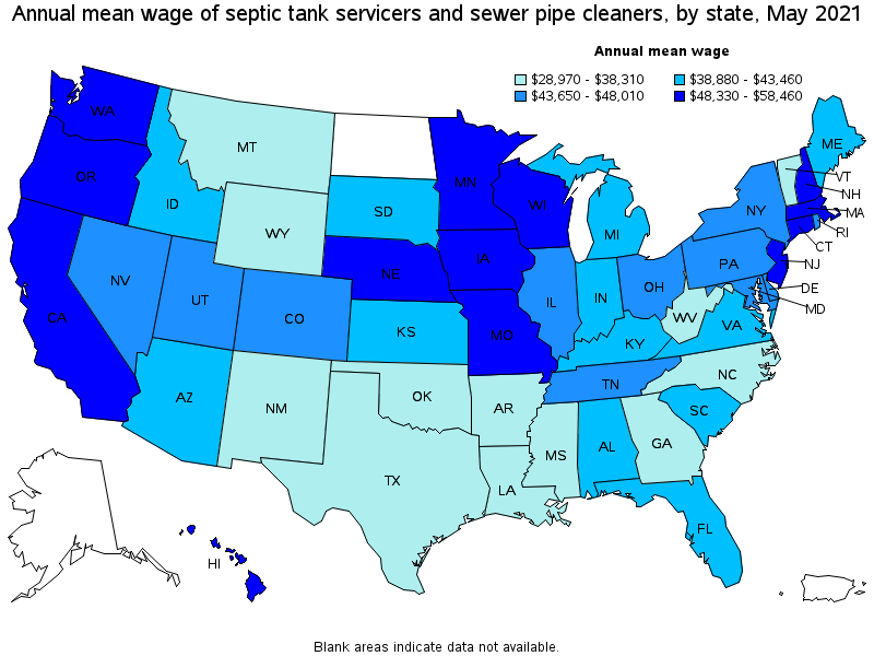 Map of annual mean wages of septic tank servicers and sewer pipe cleaners by state, May 2021