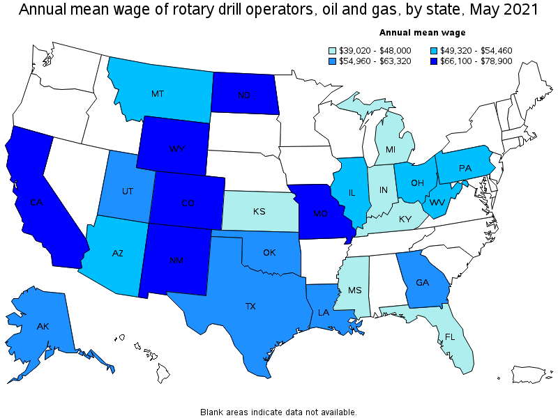 Map of annual mean wages of rotary drill operators, oil and gas by state, May 2021