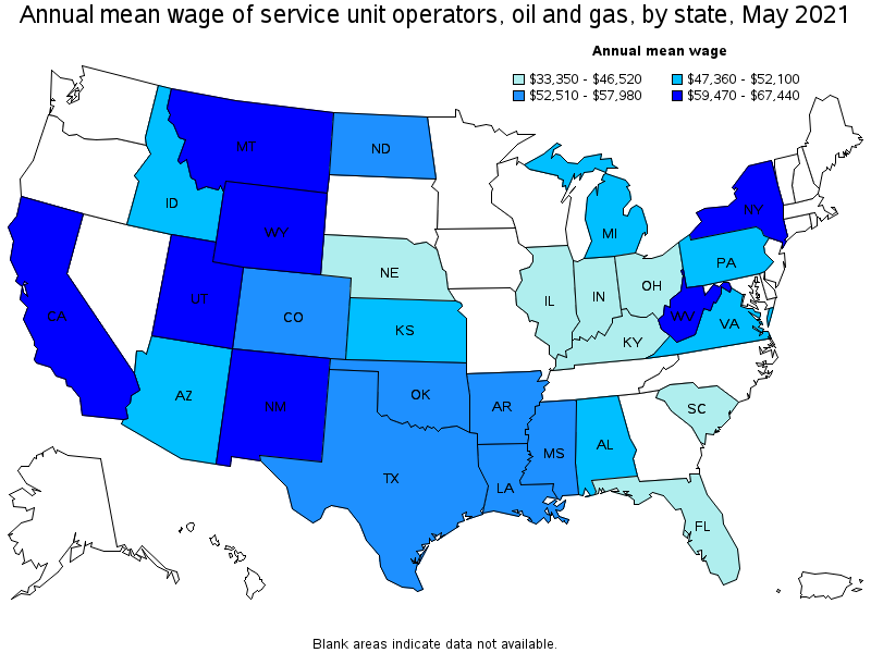 Map of annual mean wages of service unit operators, oil and gas by state, May 2021