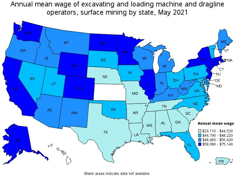Map of annual mean wages of excavating and loading machine and dragline operators, surface mining by state, May 2021