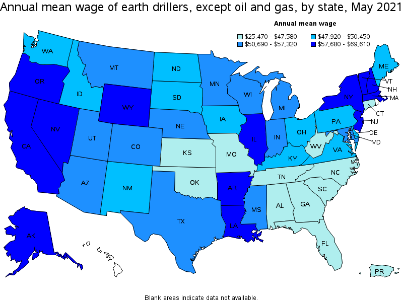 Map of annual mean wages of earth drillers, except oil and gas by state, May 2021