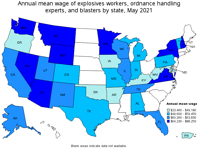 Map of annual mean wages of explosives workers, ordnance handling experts, and blasters by state, May 2021