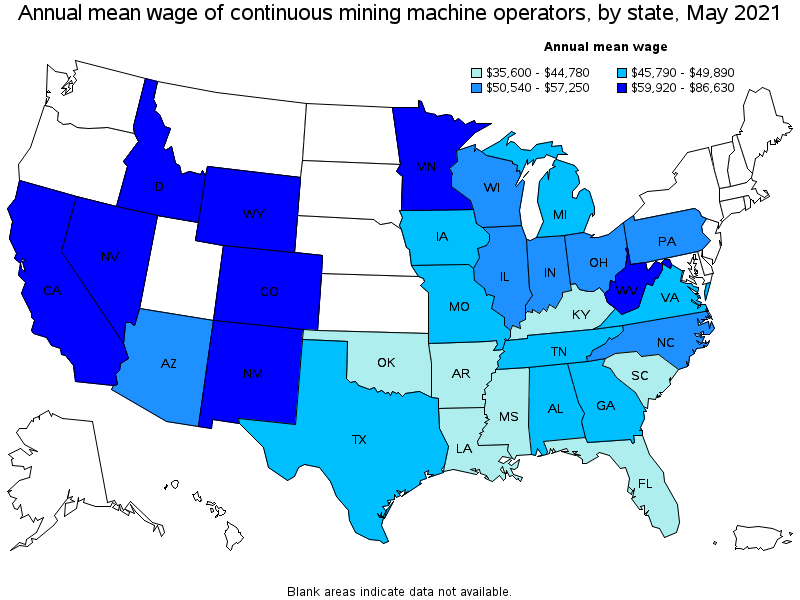 Map of annual mean wages of continuous mining machine operators by state, May 2021