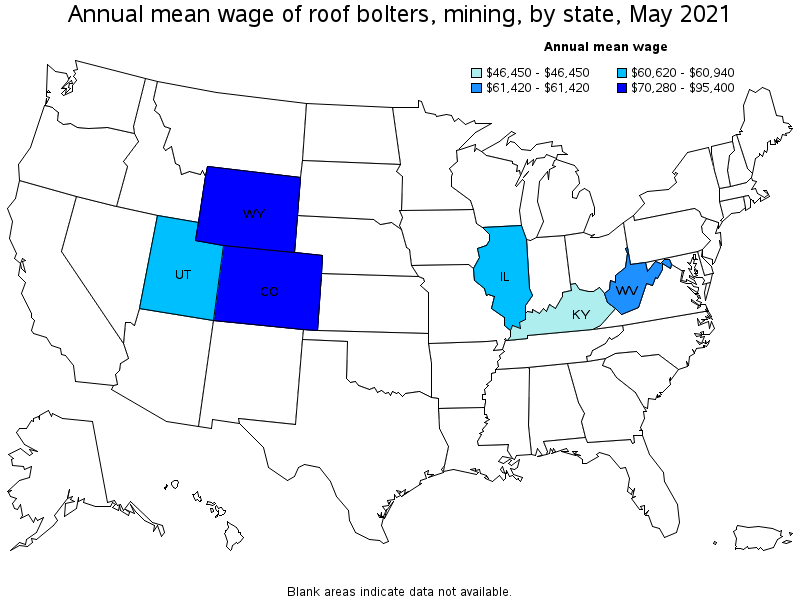 Map of annual mean wages of roof bolters, mining by state, May 2021
