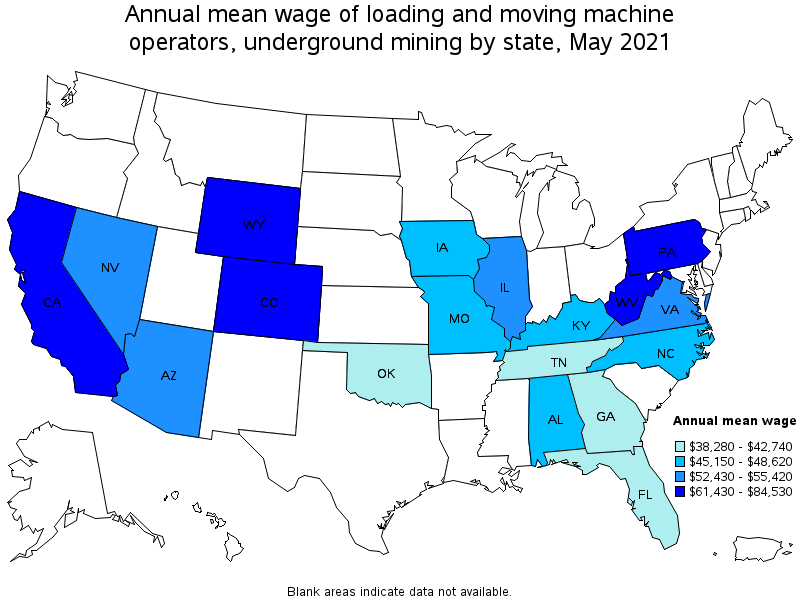 Map of annual mean wages of loading and moving machine operators, underground mining by state, May 2021