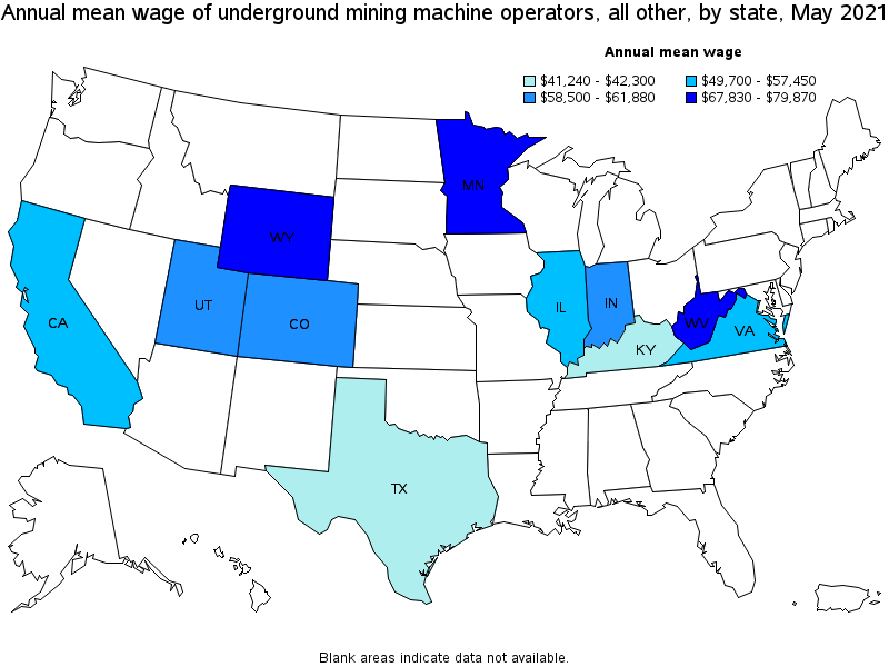 Map of annual mean wages of underground mining machine operators, all other by state, May 2021