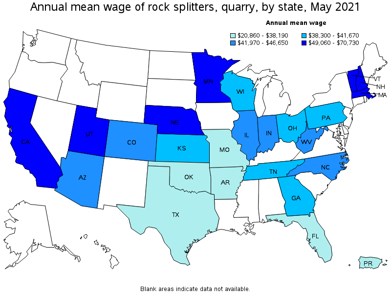 Map of annual mean wages of rock splitters, quarry by state, May 2021