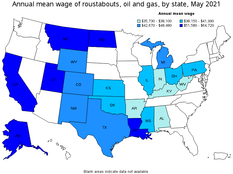 Map of annual mean wages of roustabouts, oil and gas by state, May 2021